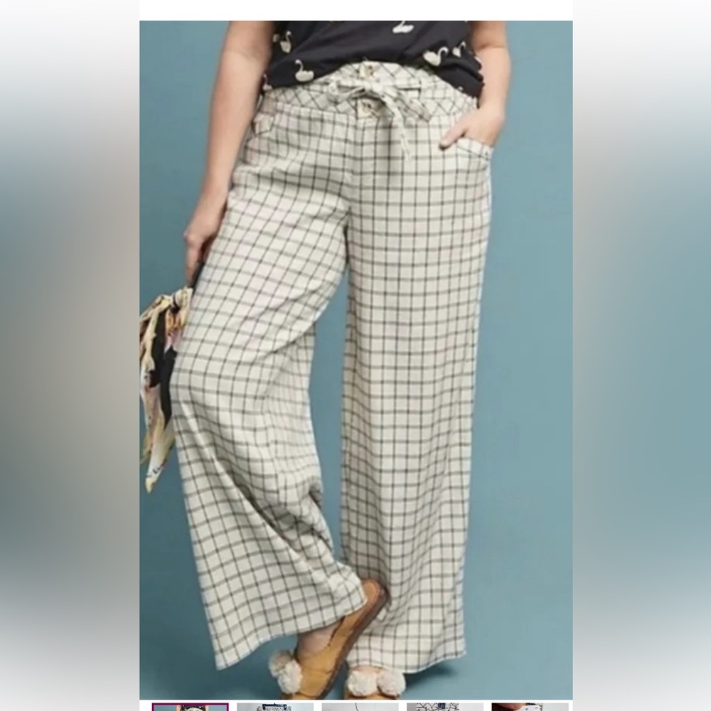 Anthropologie Cream and Black Windowpane Wide-Leg Pants